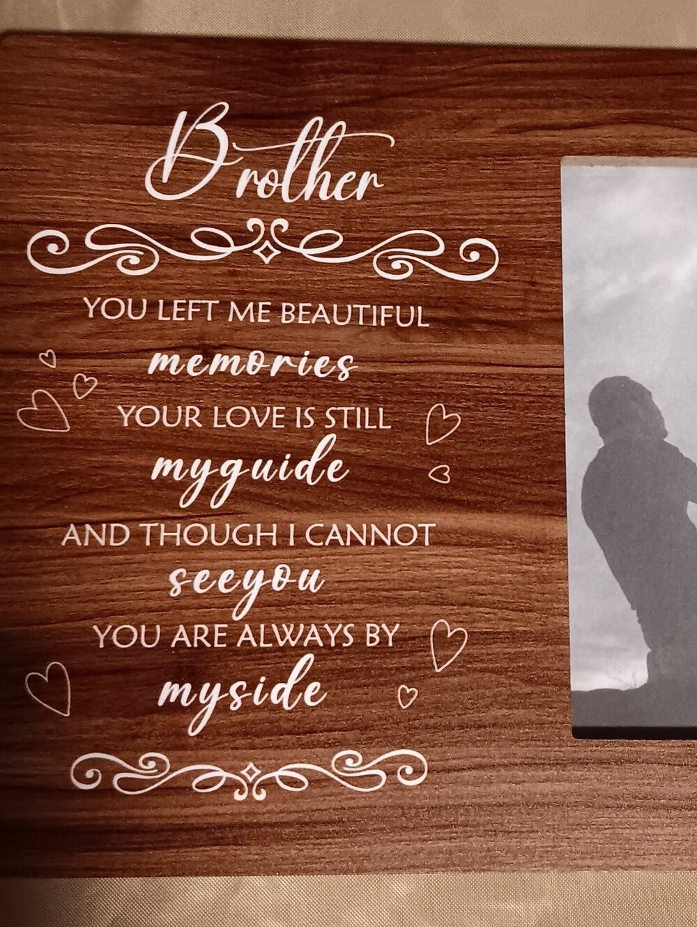 Brother Memorial Wood Picture Frame.   Brown with White Script